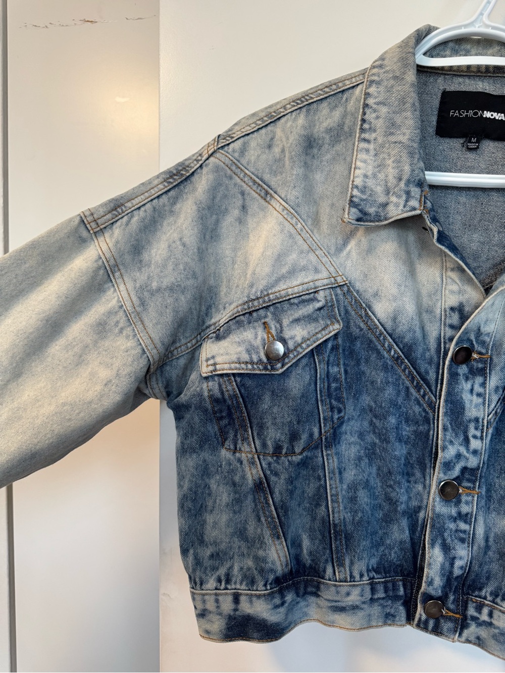 Fashion Nova Blue & Light Blue Acid Wash Denim Jacket Crop